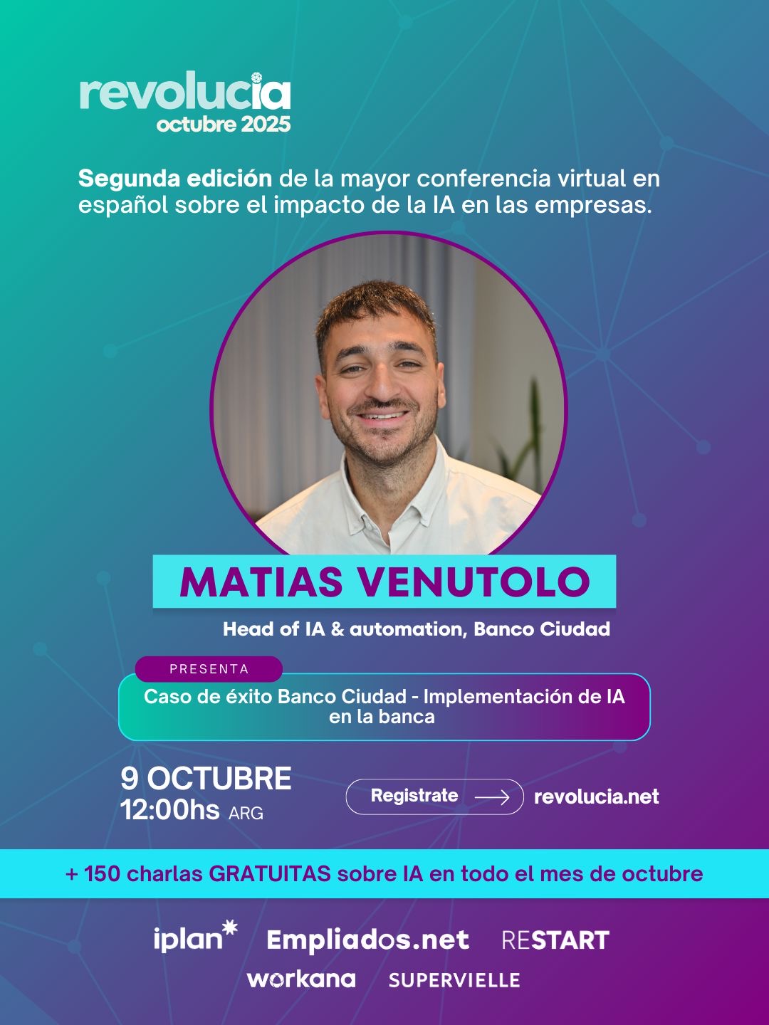 Promotional piece for the Revolucia event announcing Matias Venutolo's talk on the Banco Ciudad case